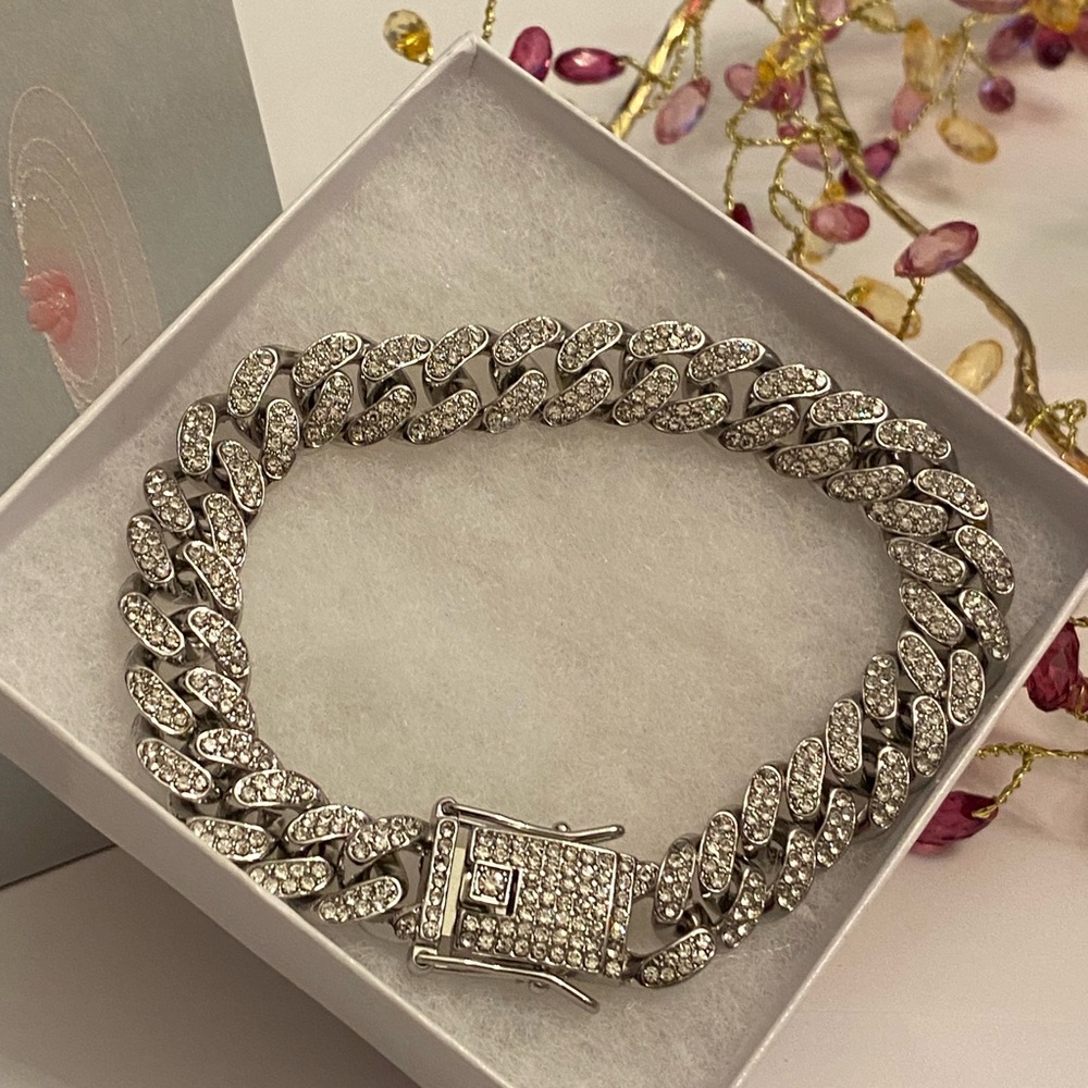 Hip Hop Iced Out CZ Silver Tone Cuban Link Men Bracelet